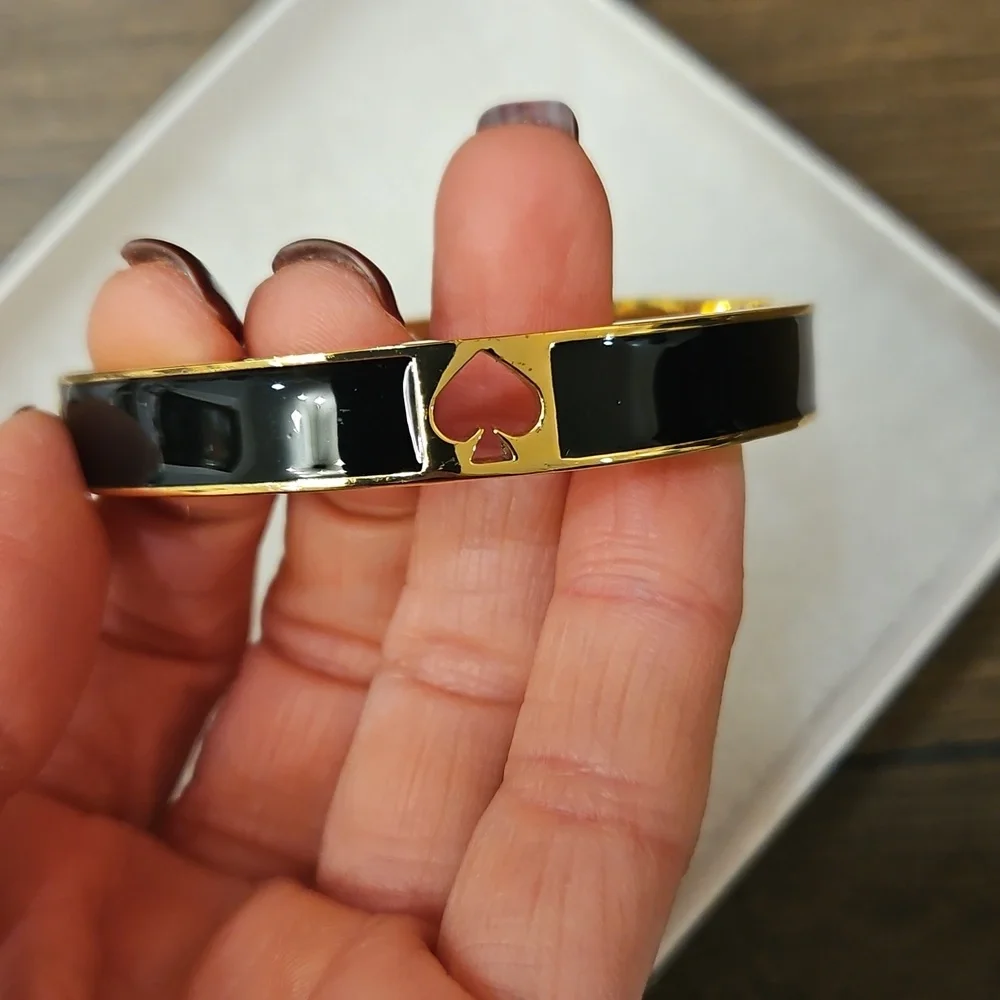 Kate Spade ♠️ Black & Gold Hole Punch Spade Hinged Bangle Bracelet - Picture 2 of 10
